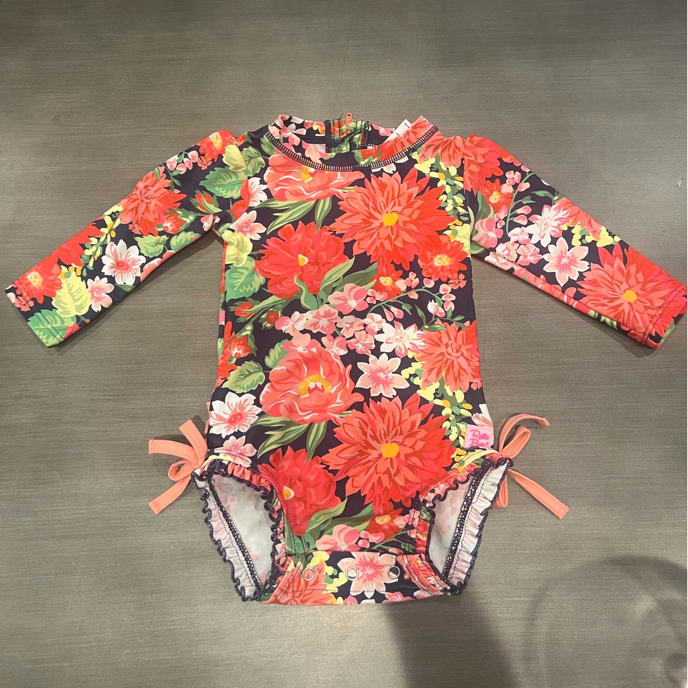 Ruffle Butts Sunset Gardens Floral Long-Sleeve Swimsuit sz 6-12M